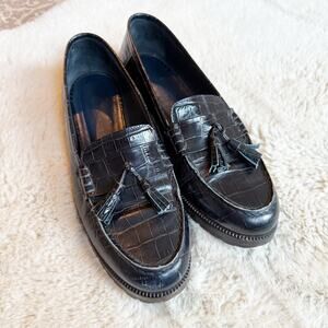 Jenni Kayne Croc‎ Embossed Black Loafers Tassels Made in Italy Size 39 US 9